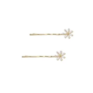 Gold pearl daisy hair clips set of two bobby pins elegant floral hair accessories for women