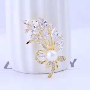 Elegant Zircon Pearl Wheat Ear Brooch Exquisite Gold Plated Floral Suit Pin Corsage Jewelry