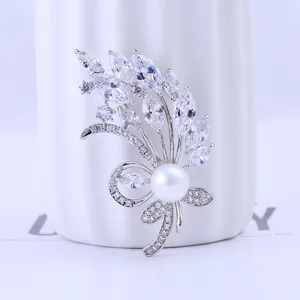 Elegant silver zircon wheat brooch pearl flower pin suit dress fashion jewelry accessory