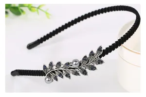 Korean vintage black fabric headband with silver leaf alloy blue crystal and pearl details.