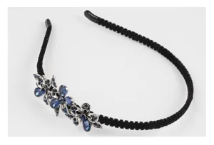 Exquisite blue crystal flower headband detail, vintage silver alloy and black velvet band.