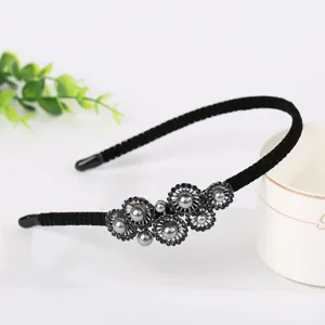 Korean style alloy headband with blue rhinestones and pearls, elegant black velvet hair hoop.