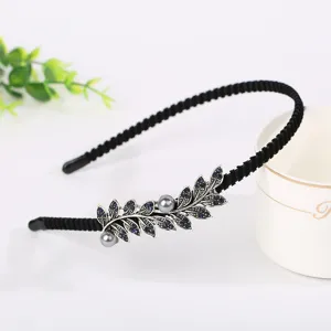Korean style alloy headband with blue crystal leaves and pearls, elegant hair hoop for women.