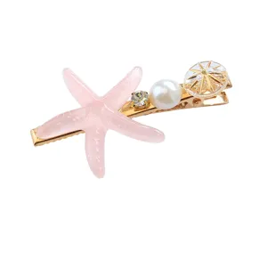 Sweet pink starfish hair clip with pearl rhinestone gold metal duckbill hairpin for women