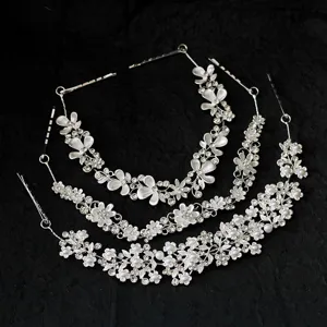 Bruid strass bloem haar vine elegante zilveren trouw haaraccessoires set voor vrouwen