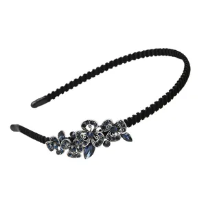 Korean style alloy blue crystal rhinestone hair hoop elegant black metal headband for women