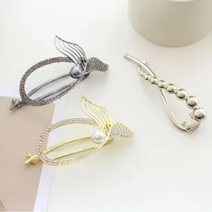 Metal rhinestone pearl hair clip set, elegant fish tail design for women styling daily.