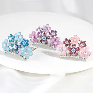 Children crystal rhinestone flower hair comb princess crown tiara main view display