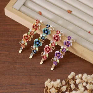 Vintage enamel floral hair clips set with sparkling rhinestones for women side bangs styling