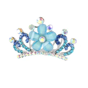 Children blue crystal floral tiara hair comb sparkling rhinestone princess hair accessory