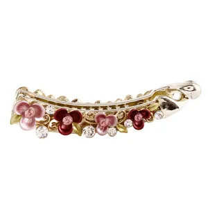Elegante Legierung Bananen Haarklammer mit Blumen Emaille, Strass und Zopf Design.