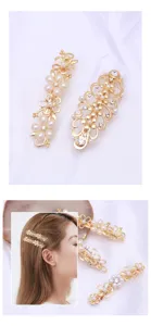 Gold alloy flower pearl rhinestone hair clip for women, elegant half-up hair styling accessory.