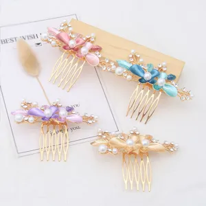 Floral pearl rhinestone hair comb set with metallic teeth and enamel flower details.