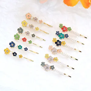 Sweet floral hair clips set enamel pearl rhinestone side bobby pins for women girls daily wear