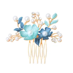 Gold floral hair comb with pearls and rhinestones for dancing and daily wear elegant