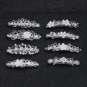 Silver alloy flower hair clips set with pearls and rhinestones, elegant spring barrettes for women.