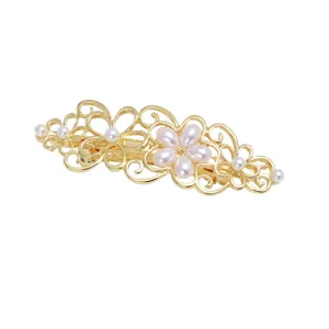 Gold metal flower hair clip with pearl decorations, elegant spring barrette for women.