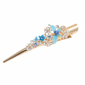 Elegant alloy hair clip with blue floral rhinestones, length 13cm, secure grip for women.