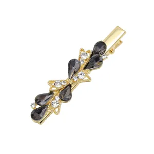 Elegant gold duckbill hair clip with dark gray teardrop rhinestones and sparkling crystal bows.