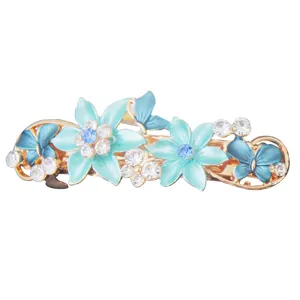 Elegant alloy rhinestone butterfly hair clip with blue enamel flowers for elegant hair styling.