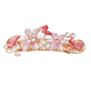 Metal rhinestone butterfly hair clip, enamel pink flower spring hair barrette for women.