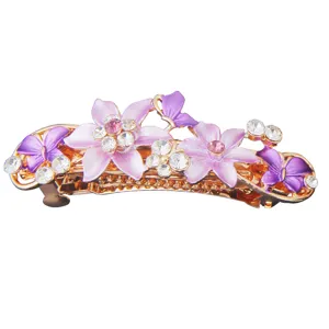 Exquisite alloy butterfly hair clip with purple enamel flowers and sparkling rhinestones.
