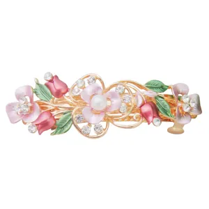 Detailed close-up of alloy rhinestone floral spring hair clip, elegant enamel hair accessory.