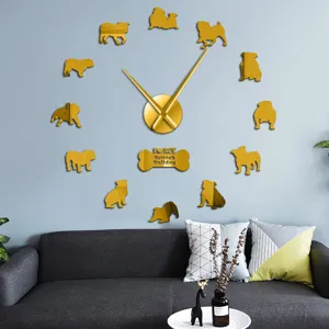 Details of DIY acrylic bulldog wall clock, golden mirror finish living room home decor scene.