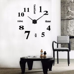 Moderne 3D DIY Acryl Wanduhr für Wohnzimmer Dekoration, große schwarze Ziffern und Buchstaben.