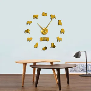 DIY acrylic wall clock featuring British Bulldog silhouettes in gold finish for living room decor.