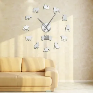 DIY acrylic wall clock with cute bulldog silhouettes and large hands for living room decor.
