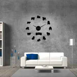 Large DIY acrylic wall clock featuring British bulldog silhouettes, modern living room decor.