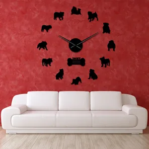Modern DIY acrylic wall clock with British bulldog silhouettes, great home wall decor item.