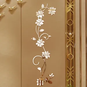3D Acryl Blumen Ranke Kristall Spiegel Wandaufkleber fuer Wohnzimmer Schlafzimmer