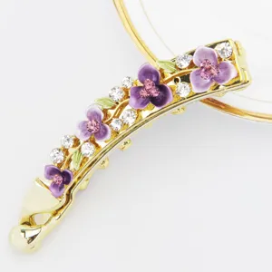 Pinza de pelo tipo plátano dorada de 10 cm con flores de esmalte morado y brillantes para mujeres.