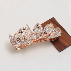Elegant rose gold peacock hair clip with sparkling rhinestones for women's daily styling.