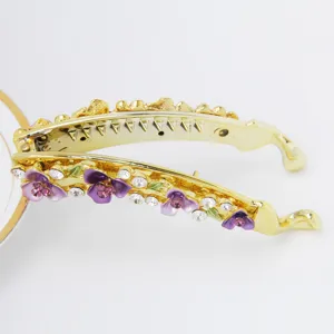 Pinza de pelo de plátano floral de aleación dorada con diamantes de imitación