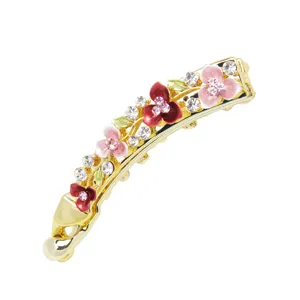 Pinza para el cabello de aleación dorada con flores de esmalte rosa y rojo y brillantes.