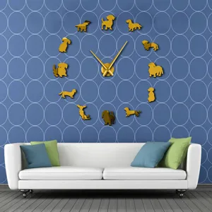 DIY acrylic wall clock with cute dachshund dog silhouettes, large gold modern clock for living room.