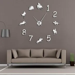 Large DIY acrylic wall clock with horse equestrian theme silhouettes for modern living room decor.