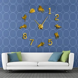 Oversized DIY acrylic wall clock with horse rider numbers, modern golden home decor for living room.