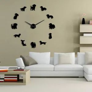 Detail view of a DIY acrylic wall clock with cute dog silhouettes, perfect for living room decor.
