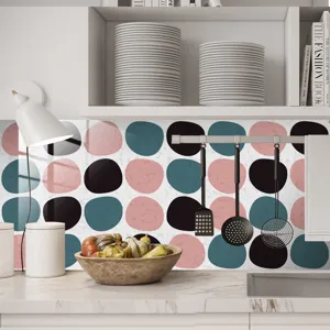 Retro tile sticker self adhesive kitchen backsplash wallpaper decorative geometric dots design detail view.