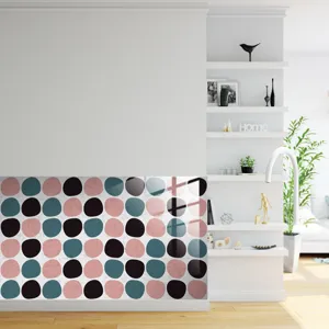 Detailed view of retro polka dot self-adhesive wall sticker for kitchen renovation.