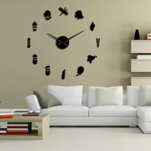 Oversized barber theme DIY acrylic wall clock with creative salon silhouettes for living room decor.