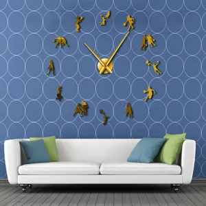 Detailed closeup of the creative 3D acrylic basketball player wall clock in setting.