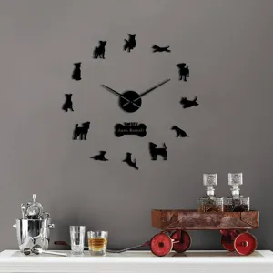 3D acryl spiegel wandklok met hond silhouetten, moderne DIY wanddecoratie voor woonkamer.