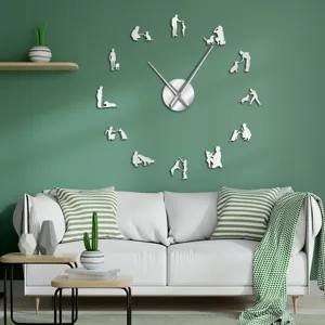 Gran reloj de pared espejo acrílico 3D diseño silueta de perro y dueño para sala.