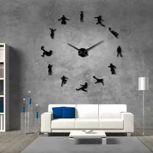 Modern football 3D acrylic mirror wall clock detail in living room background setup, stylish home decor.