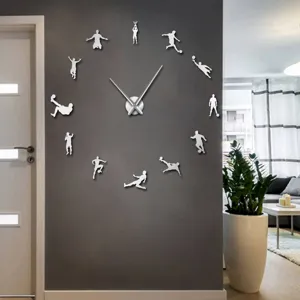 Detail view of large 3D acrylic mirror wall clock with football player silhouettes for living room.